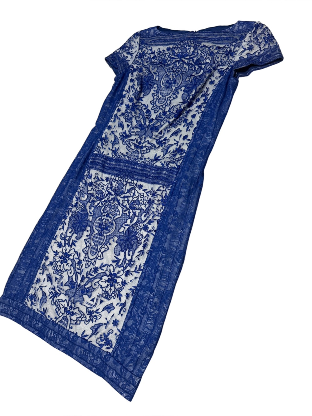 TADASHI SHOJI Runway Blue and White Lace Short Sleeve Cocktail Dress Size 8 - Picture 3 of 8